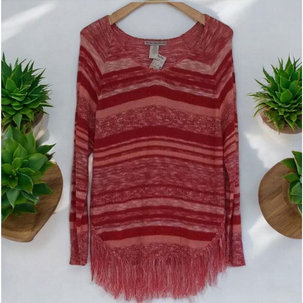 Two-one-Two Red striped long sleeve sweater with fringe hem‎ Women’s Size XL